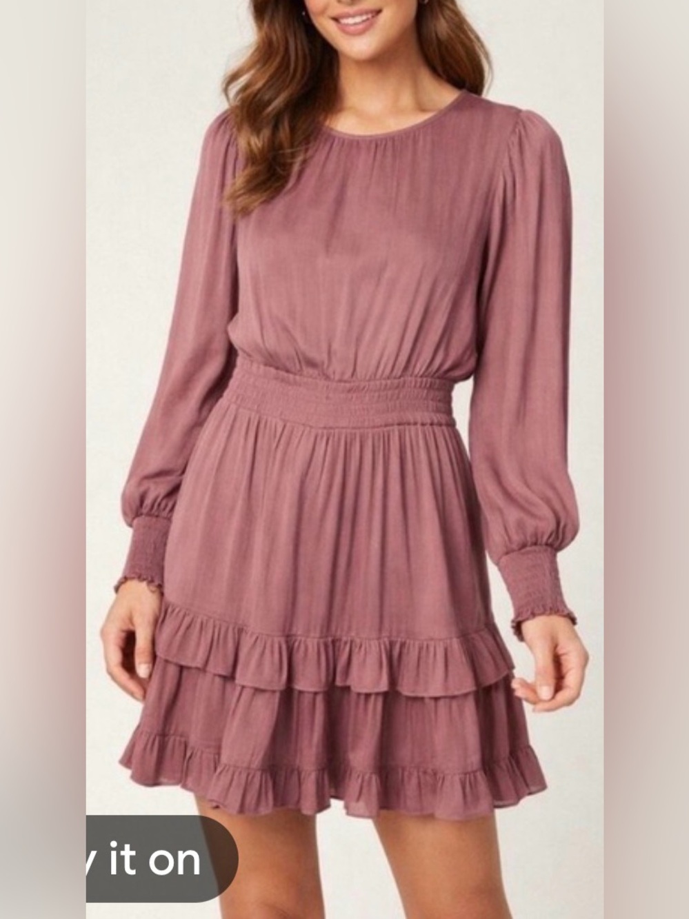 Evereve Hailey Long-Sleeve Ruffle Mini Dress in mauve, size medium.